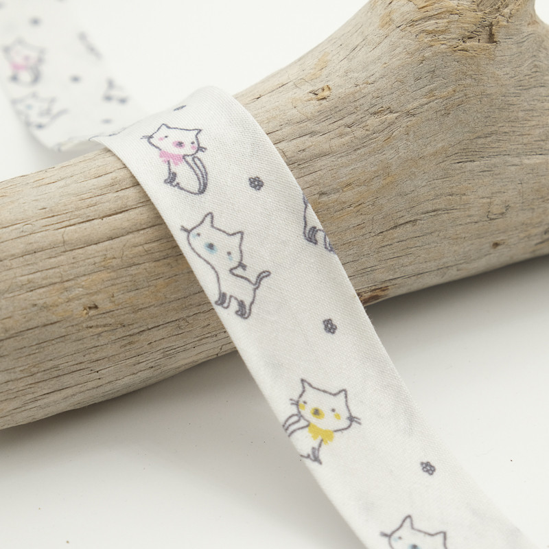 25MM Printed Bias Tape - White Cat - Maison Klem